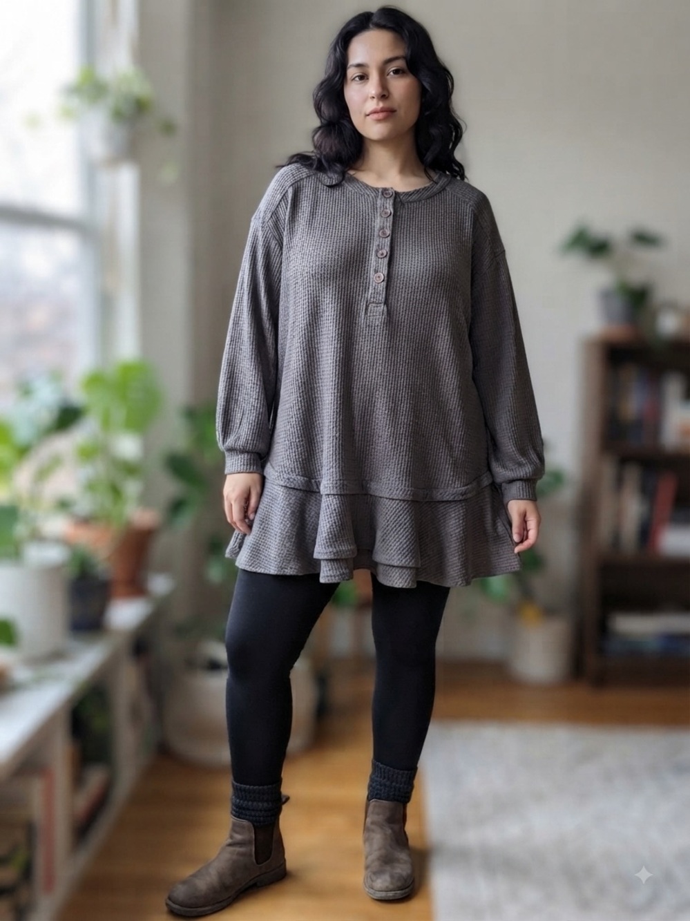 Current Mood Gray Waffle-Knit Henley Tunic with Ruffle Hem NWT